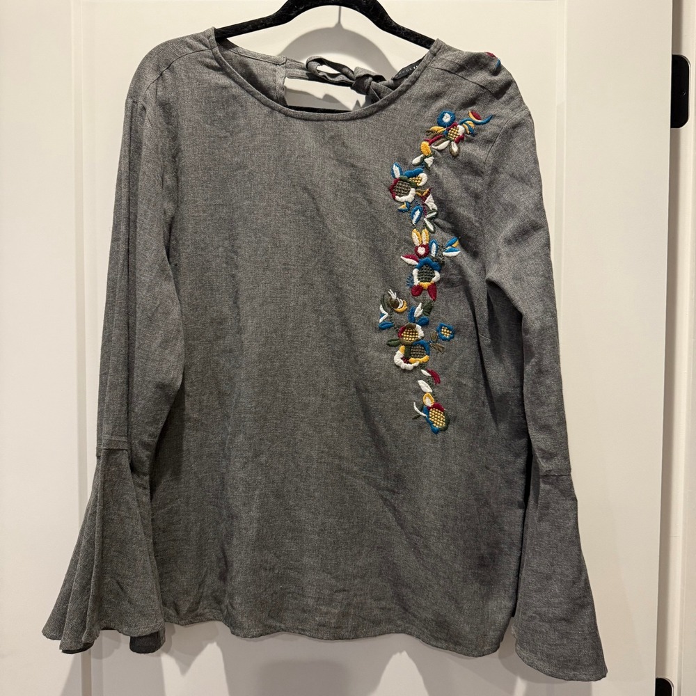Boho Cottagecore Grace Elements Gray Embroidered Bell Sleeve Blouse XL